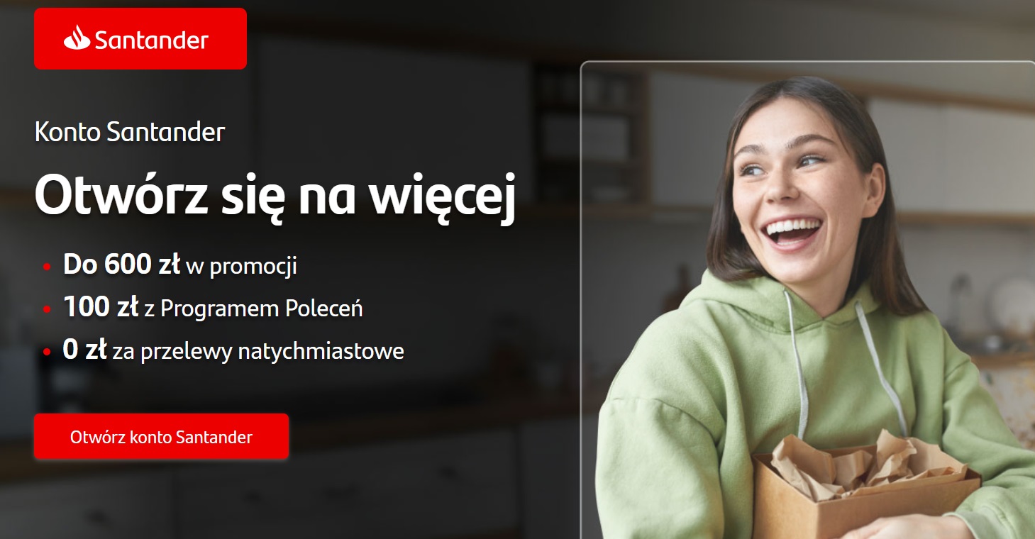 Konto Santander i 70 zł za pierwszą transakcję + 450 zł za aktywność + 100 zł w programie poleceń